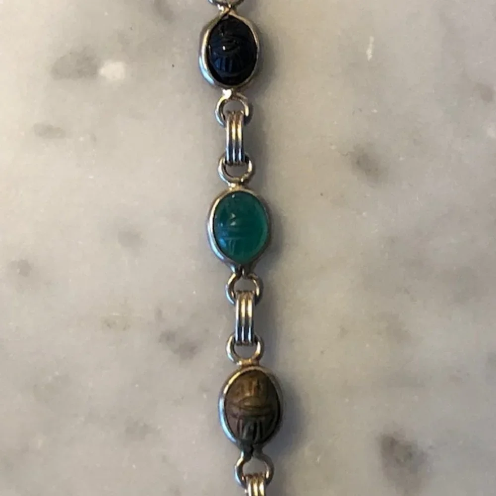 VINTAGE Scarab Bettle Multicolor Cabochon Gemstone Gold Filled Scarab Bracelet